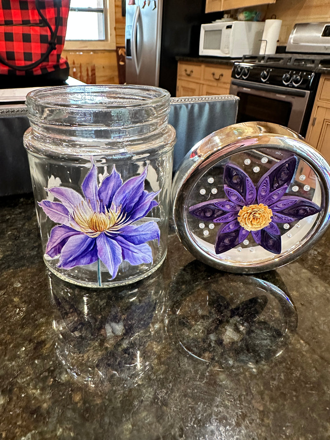 MH719 jar purple flower w/rub on transfers